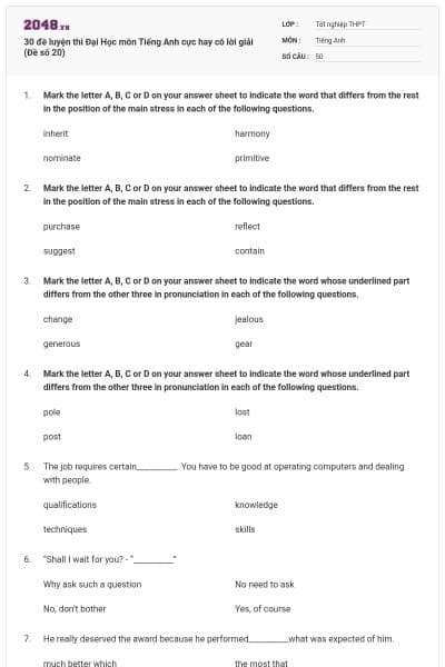 30 đề luyện thi Đại Học môn Tiếng Anh cực hay có lời giải (Đề số 20)