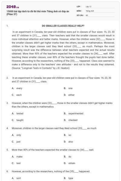 15000 bài tập tách từ đề thi thử môn Tiếng Anh có đáp án (Phần 37)