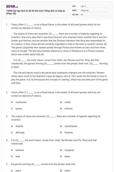 15000 bài tập tách từ đề thi thử môn Tiếng Anh có đáp án (Phần 38)
