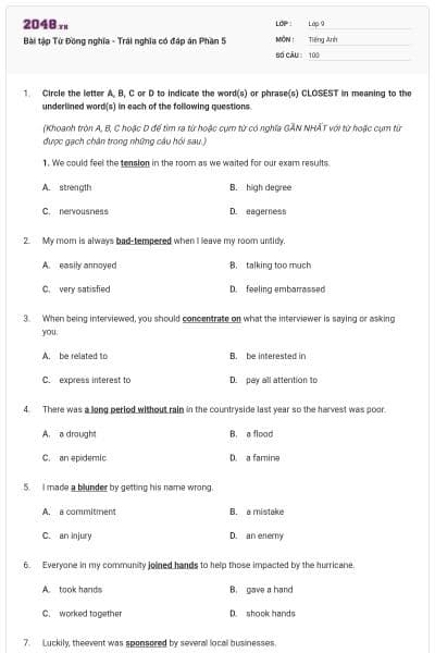 Bài tập Từ Đồng nghĩa - Trái nghĩa có đáp án Phần 5