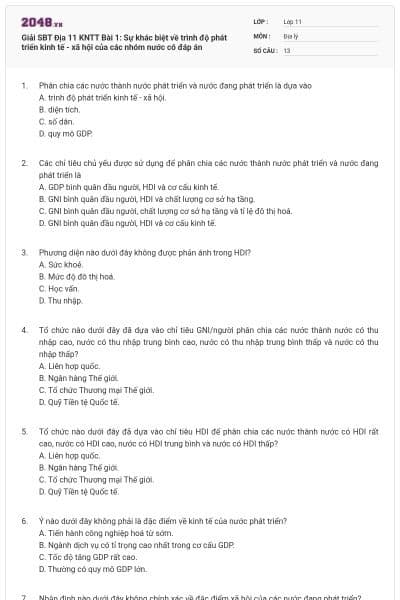 Giải SBT Địa 11 KNTT Bài 1: Sự khác biệt về trình độ phát triển kinh tế - xã hội của các nhóm nước có đáp án