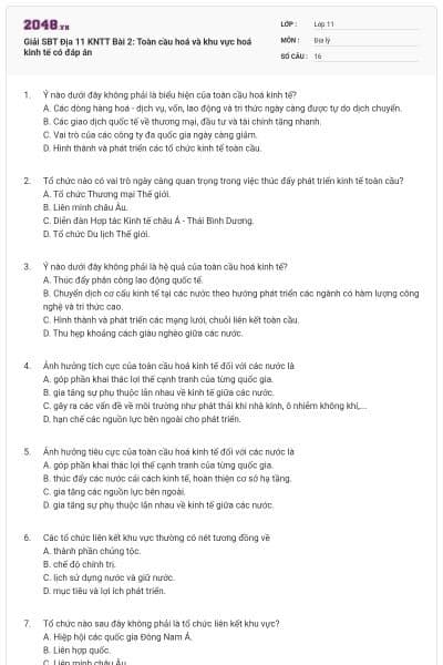 Giải SBT Địa 11 KNTT Bài 2: Toàn cầu hoá và khu vực hoá kinh tế có đáp án