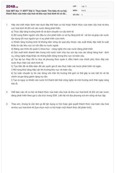 Giải SBT Địa 11 KNTT Bài 3: Thực hành: Tìm hiểu về cơ hội, thách thức của toàn cầu hoá và khu vực hoá kinh tế có đáp án