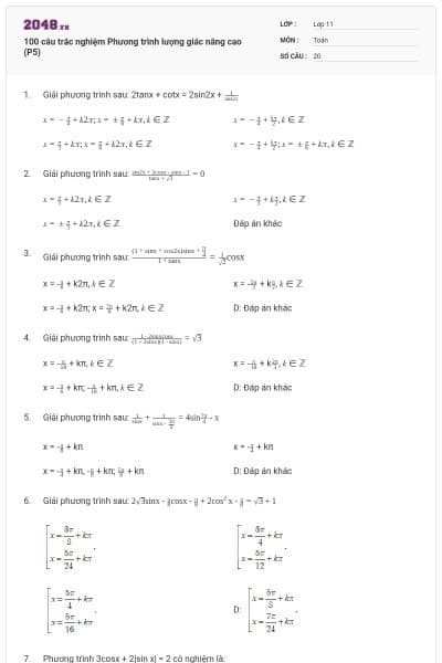 100 câu trắc nghiệm Phương trình lượng giác nâng cao (P5)