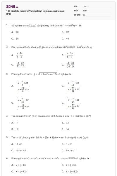 100 câu trắc nghiệm Phương trình lượng giác nâng cao (P3)