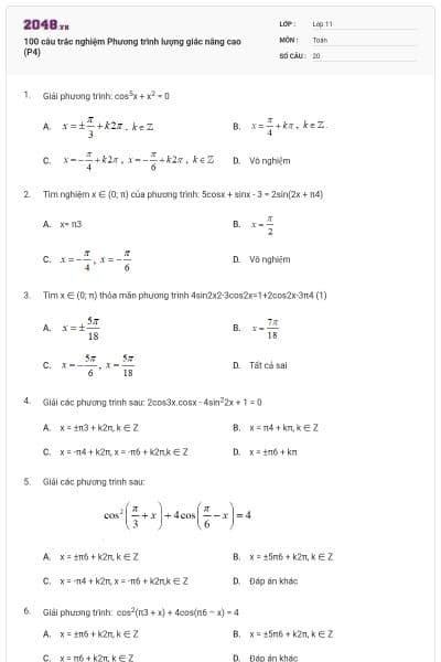 100 câu trắc nghiệm Phương trình lượng giác nâng cao (P4)