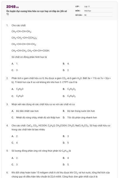 Ôn luyện đại cương hóa hữu cơ cực hay có đáp án (đề số 1)