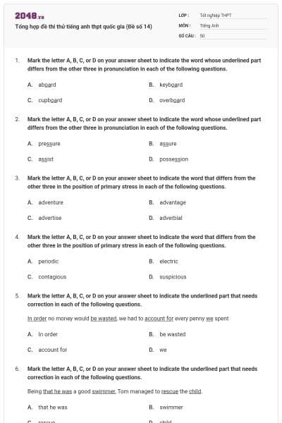 Tổng hợp đề thi thử tiếng anh thpt quốc gia (Đề số 14)