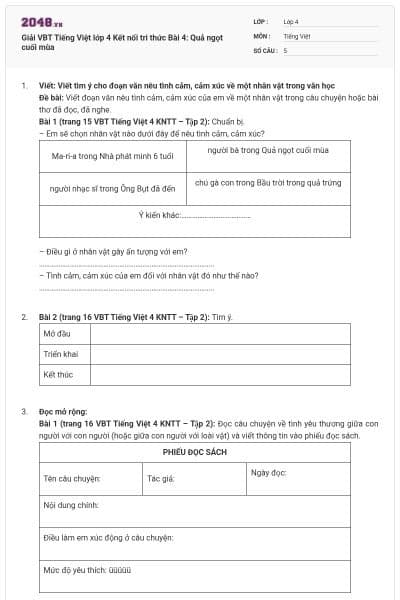 Giải VBT Tiếng Việt lớp 4 Kết nối tri thức Bài 4: Quả ngọt cuối mùa