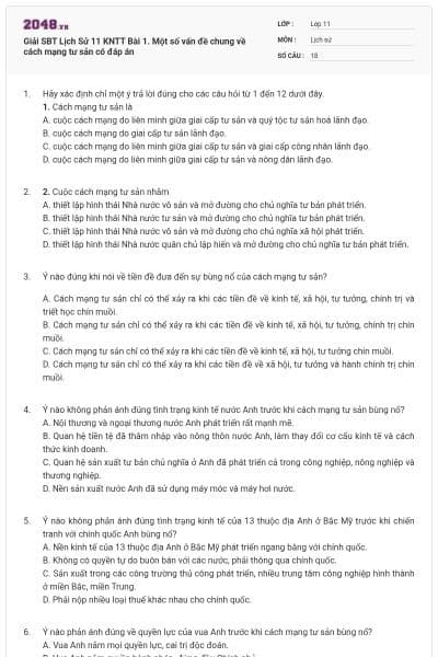 Giải SBT Lịch Sử 11 KNTT Bài 1. Một số vấn đề chung về cách mạng tư sản có đáp án