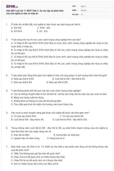 Giải SBT Lịch Sử 11 KNTT Bài 2. Sự xác lập và phát triển của chủ nghĩa tư bản có đáp án