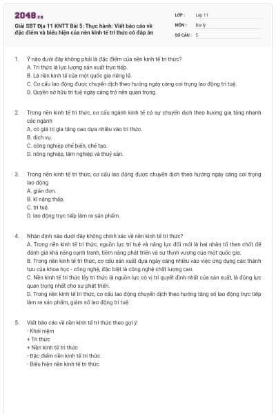 Giải SBT Địa 11 KNTT Bài 5: Thực hành: Viết báo cáo về đặc điểm và biểu hiện của nền kinh tế tri thức có đáp án