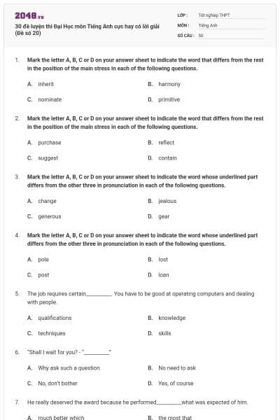 30 đề luyện thi Đại Học môn Tiếng Anh cực hay có lời giải (Đề số 20)