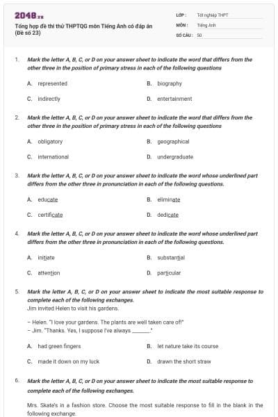 Tổng hợp đề thi thử THPTQG môn Tiếng Anh có đáp án (Đề số 23)