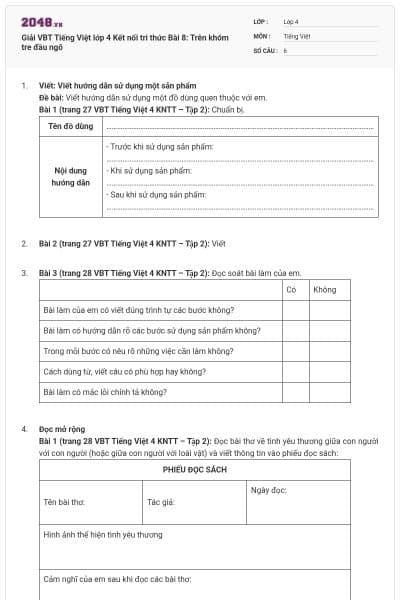 Giải VBT Tiếng Việt lớp 4 Kết nối tri thức Bài 8: Trên khóm tre đầu ngõ