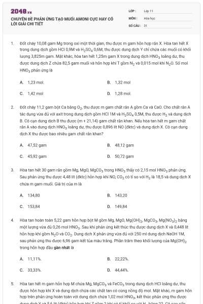 CHUYÊN ĐỀ PHẢN ỨNG TẠO MUỐI AMONI CỰC HAY CÓ LỜI GIẢI CHI TIẾT