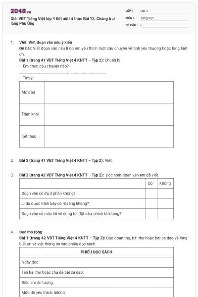 Giải VBT Tiếng Việt lớp 4 Kết nối tri thức Bài 12: Chàng trai làng Phù Ủng