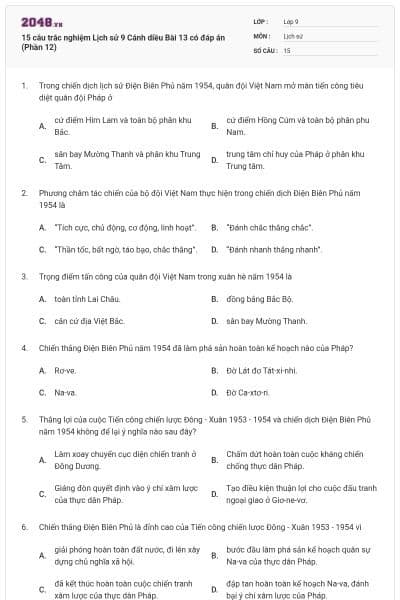 15 câu trắc nghiệm Lịch sử 9 Cánh diều Bài 13 có đáp án (Phần 12)