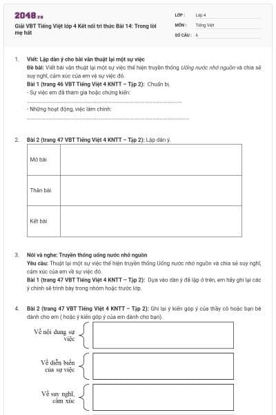 Giải VBT Tiếng Việt lớp 4 Kết nối tri thức Bài 14: Trong lời mẹ hát