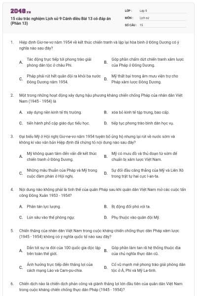 15 câu trắc nghiệm Lịch sử 9 Cánh diều Bài 13 có đáp án (Phần 13)
