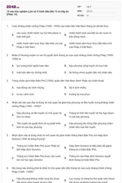 15 câu trắc nghiệm Lịch sử 9 Cánh diều Bài 13 có đáp án (Phần 14)