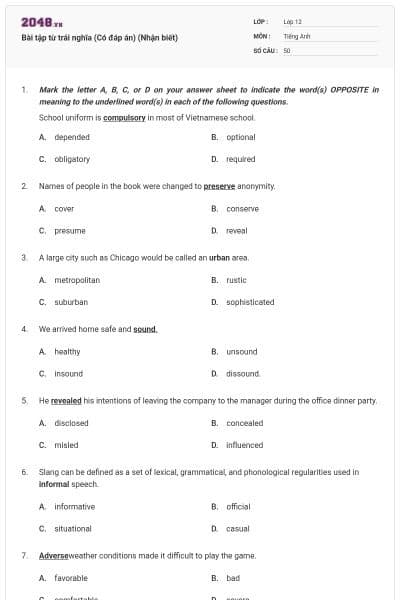 Bài tập từ trái nghĩa (Có đáp án) (Nhận biết)