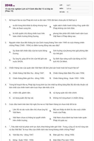 15 câu trắc nghiệm Lịch sử 9 Cánh diều Bài 13 có đáp án (Phần 15)