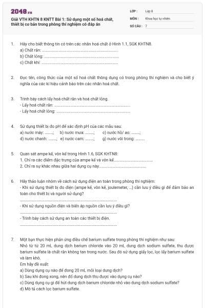 Giải VTH KHTN 8 KNTT Bài 1: Sử dụng một số hoá chất, thiết bị cơ bản trong phòng thí nghiệm có đáp án
