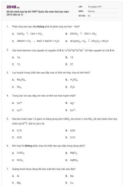Đề thi minh họa kỳ thi THPT Quốc Gia môn hóa học năm 2019 (Đề số 1)