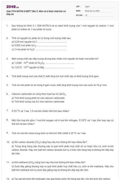 Giải VTH KHTN 8 KNTT Bài 3: Mol và tỉ khối chất khí có đáp án