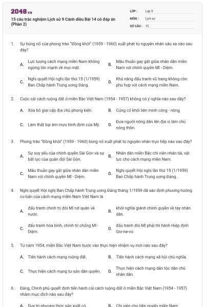 15 câu trắc nghiệm Lịch sử 9 Cánh diều Bài 14 có đáp án (Phần 2)