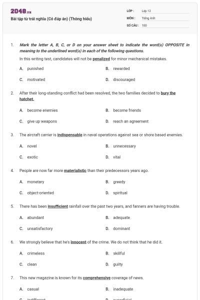 Bài tập từ trái nghĩa (Có đáp án) (Thông hiểu)