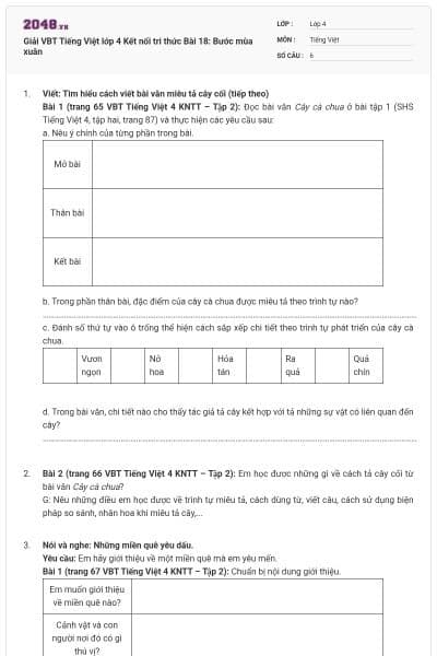 Giải VBT Tiếng Việt lớp 4 Kết nối tri thức Bài 18: Bước mùa xuân