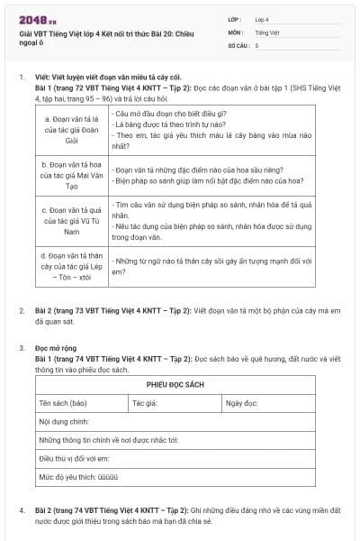 Giải VBT Tiếng Việt lớp 4 Kết nối tri thức Bài 20: Chiều ngoại ô