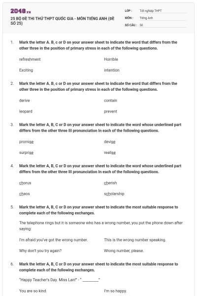 25 BỘ ĐỀ THI THỬ THPT QUỐC GIA - MÔN TIẾNG ANH (ĐỀ SỐ 25)