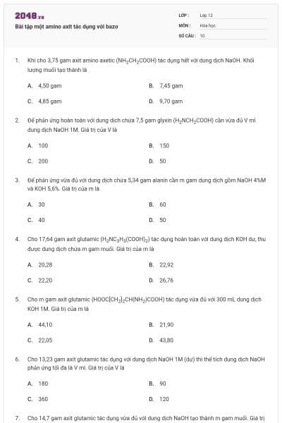 Bài tập một amino axit tác dụng với bazơ