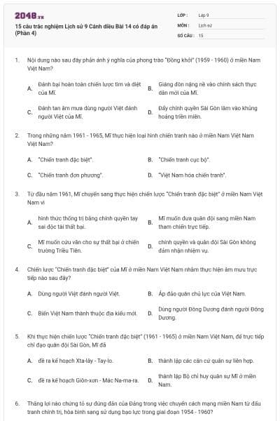 15 câu trắc nghiệm Lịch sử 9 Cánh diều Bài 14 có đáp án (Phần 4)