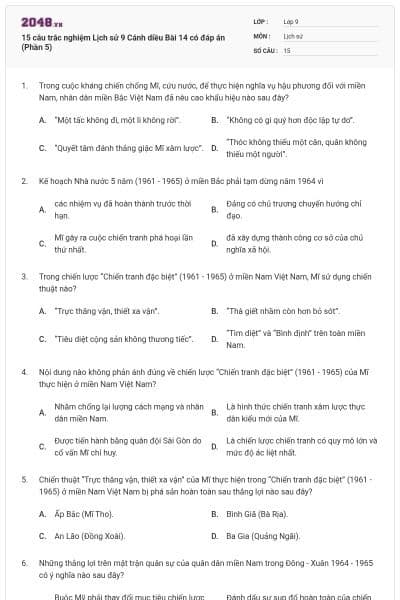 15 câu trắc nghiệm Lịch sử 9 Cánh diều Bài 14 có đáp án (Phần 5)
