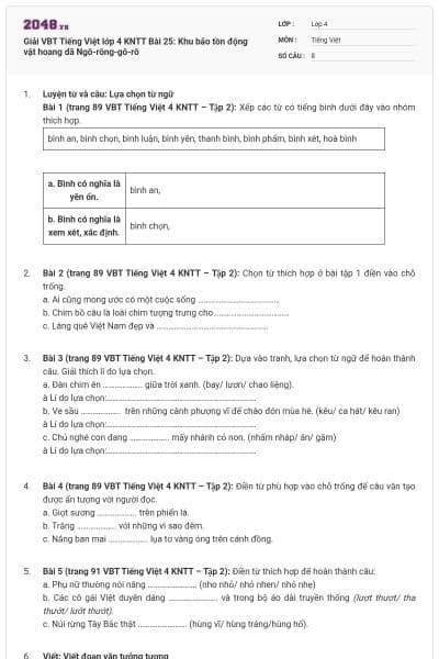 Giải VBT Tiếng Việt lớp 4 KNTT Bài 25: Khu bảo tồn động vật hoang dã Ngô-rông-gô-rô