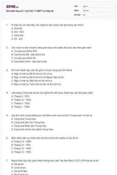Đề minh hoạ số 1 Lịch Sử 11 KNTT có đáp án