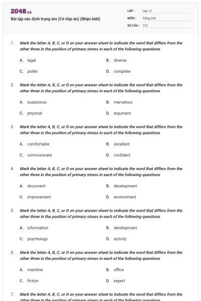 Bài tập xác định trọng âm (Có đáp án) (Nhận biết)