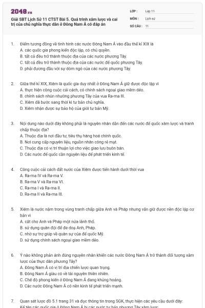 Giải SBT Lịch Sử 11 CTST Bài 5. Quá trình xâm lược và cai trị của chủ nghĩa thực dân ở Đông Nam Á có đáp án