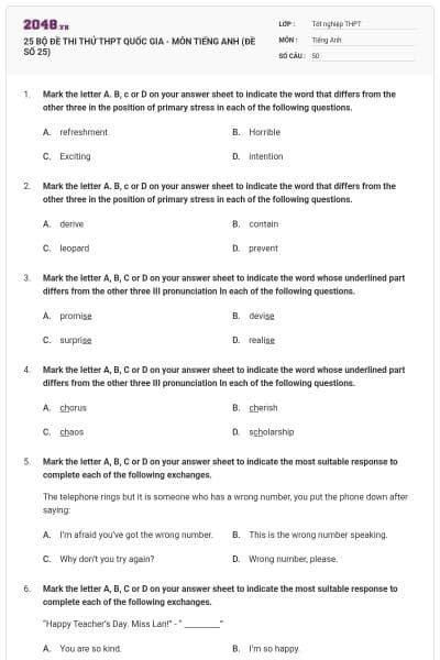 25 BỘ ĐỀ THI THỬ THPT QUỐC GIA - MÔN TIẾNG ANH (ĐỀ SỐ 25)