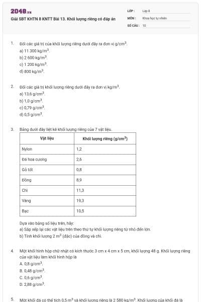 Giải SBT KHTN 8 KNTT Bài 13. Khối lượng riêng có đáp án