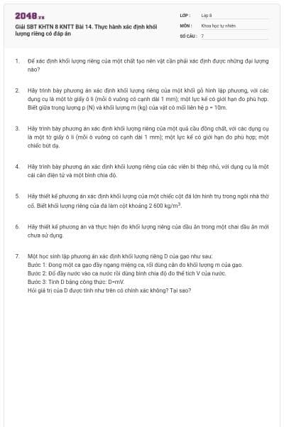 Giải SBT KHTN 8 KNTT Bài 14. Thực hành xác định khối lượng riêng có đáp án