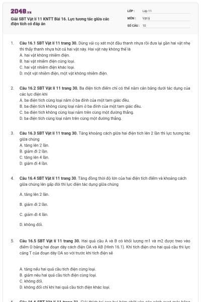 Giải SBT Vật lí 11 KNTT Bài 16. Lực tương tác giữa các điện tích có đáp án