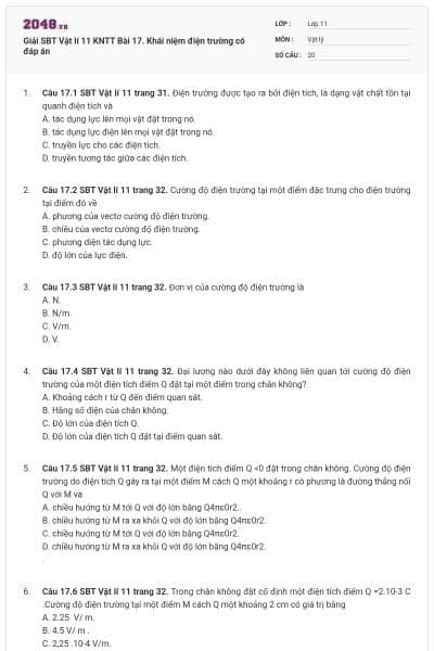 Giải SBT Vật lí 11 KNTT Bài 17. Khái niệm điện trường có đáp án