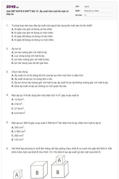 Giải SBT KHTN 8 KNTT Bài 15. Áp suất trên một bề mặt có đáp án