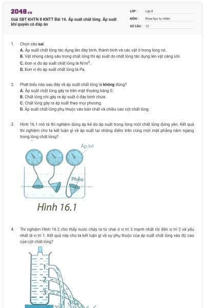 Giải SBT KHTN 8 KNTT Bài 16. Áp suất chất lỏng. Áp suất khí quyển có đáp án