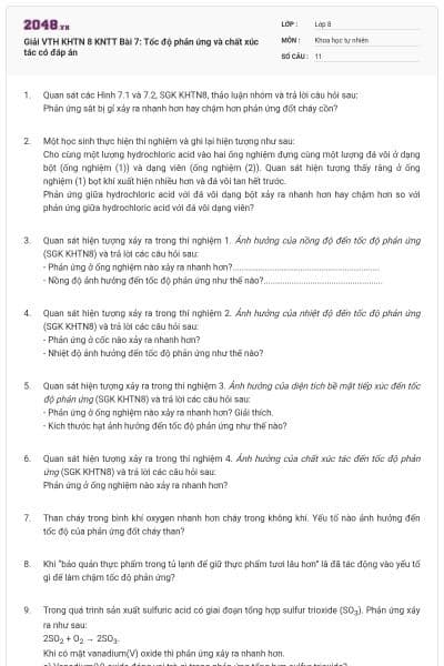 Giải VTH KHTN 8 KNTT Bài 7: Tốc độ phản ứng và chất xúc tác có đáp án